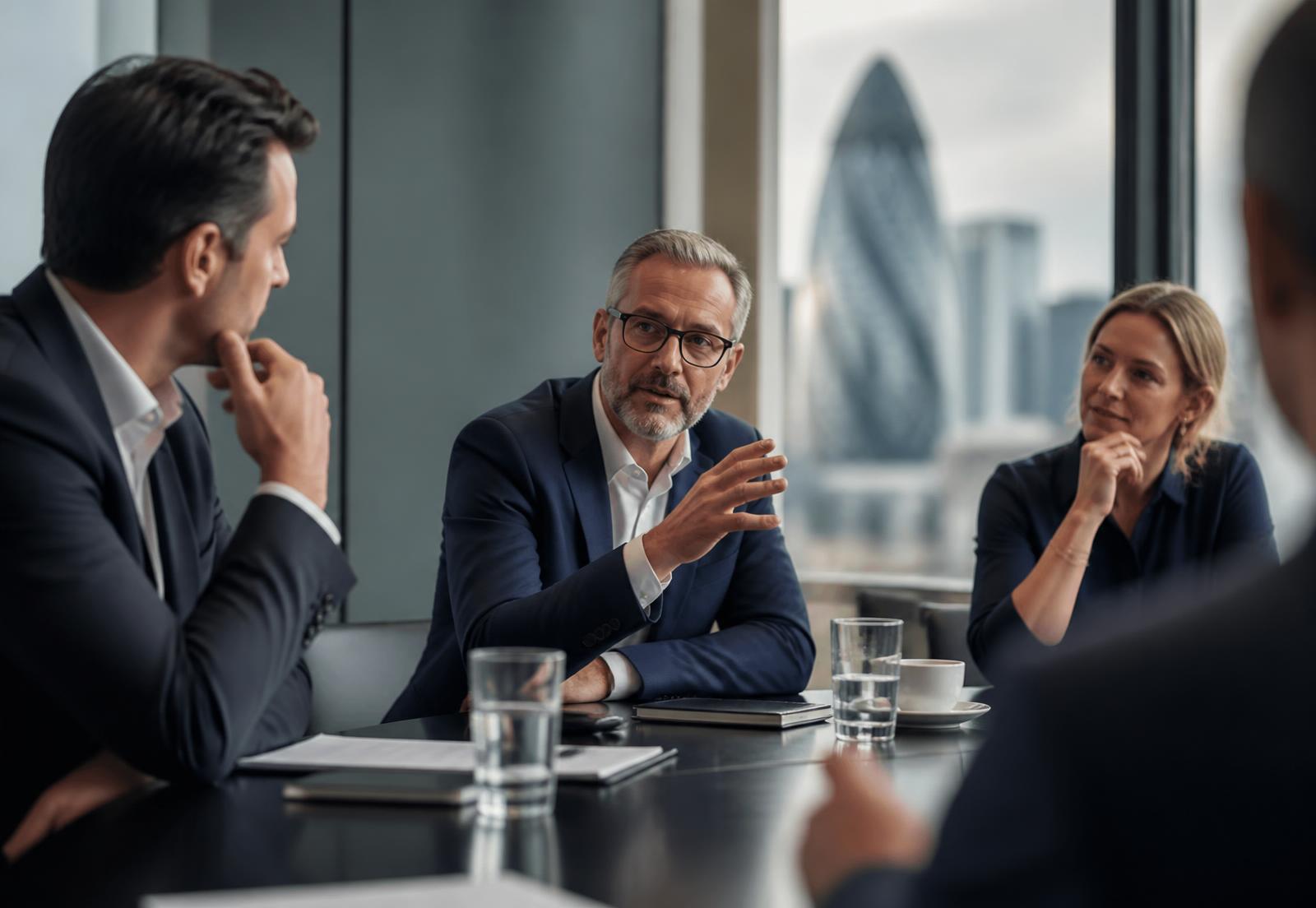 Business leaders in discussion in a London boardroom